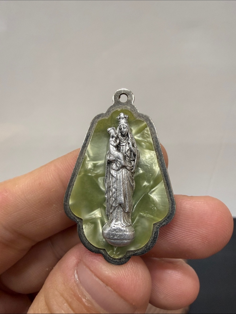 1930s vintage religious catholic Saint Ann faux MOP pendant